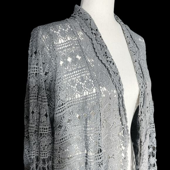 JOHNNY WAS 100% Cotton Floral Crochet Lace Open Cardigan Gray Size S - Picture 2 of 8